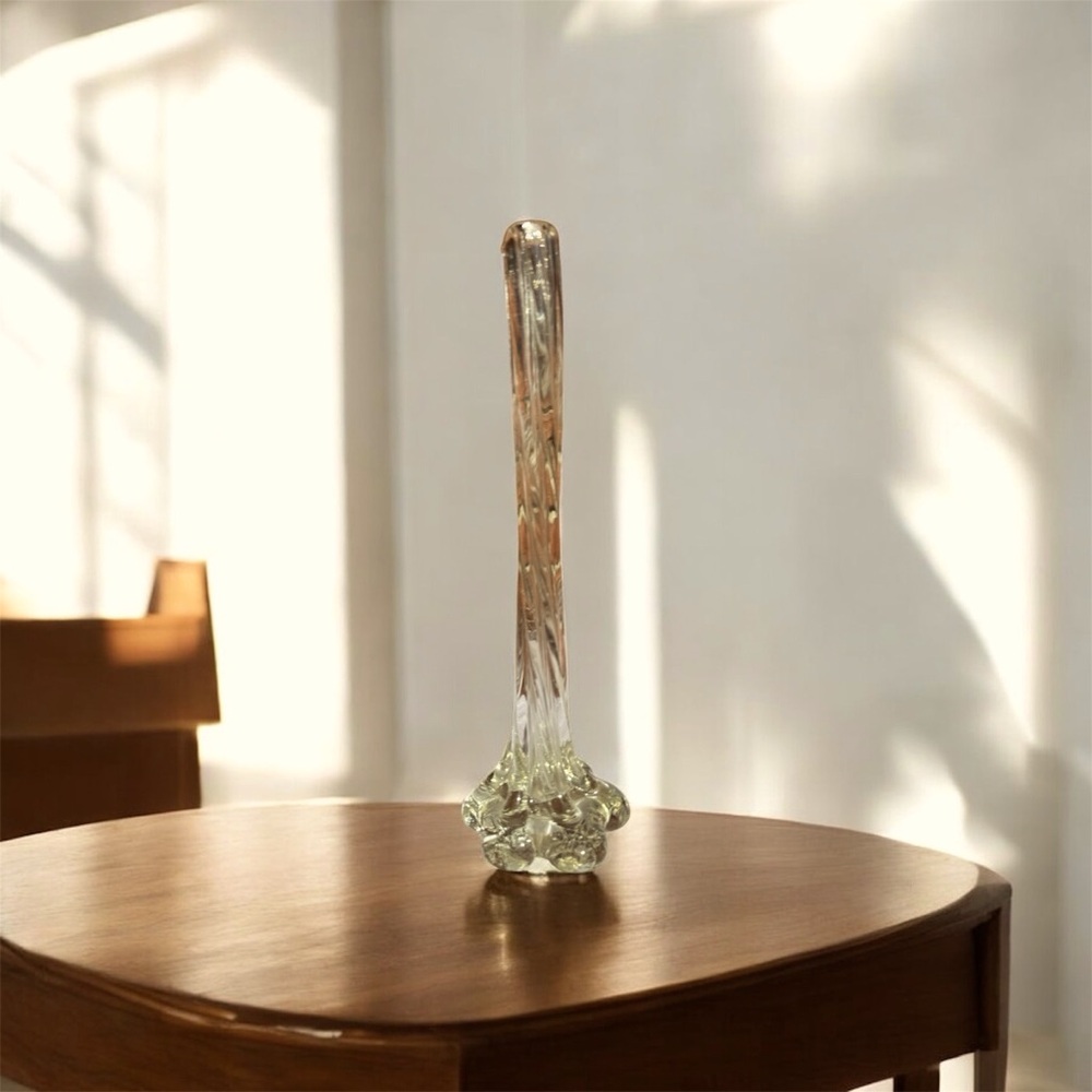 Vintage Clear Swung Glass Bud Vase 11” — Mid-Century Modern Viking Glass Style
